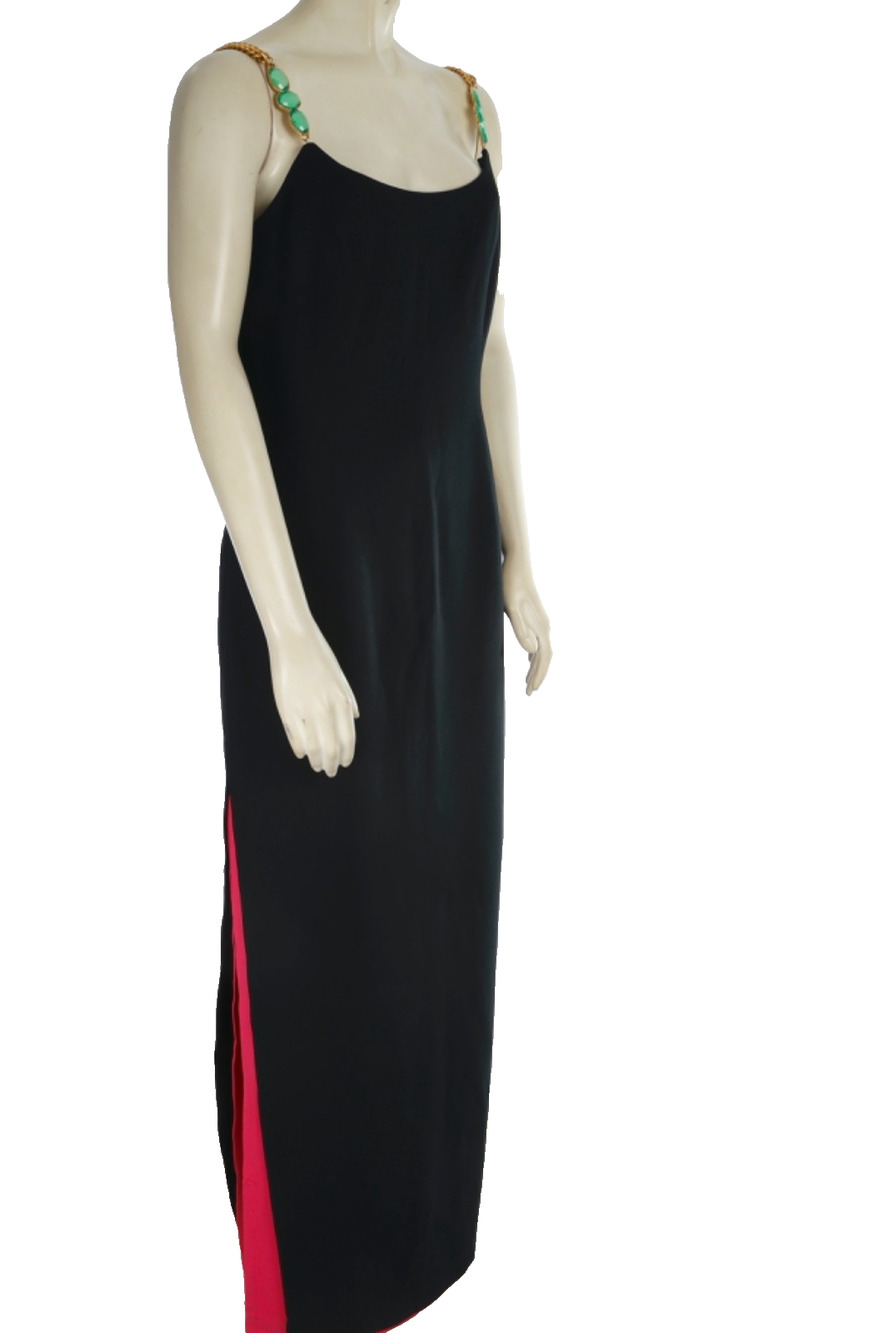 Vintage Bill Blass Evening Black Crepe Maxi Gown Jeweled Green Jade Strap Dress